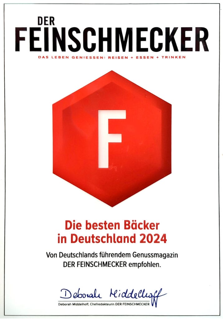 Zertifikat vom Feinschmecker.  
Die besten Bäcker in Deutschland 2024.  
Bäckerei Silberbach in Wernigerode ist dabei. 