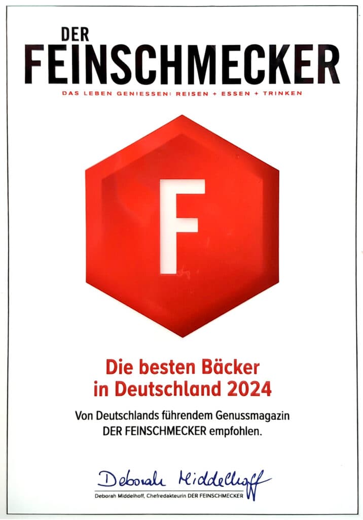 Zertifikat vom Feinschmecker.  
Die besten Bäcker in Deutschland 2024.  
Bäckerei Silberbach in Wernigerode ist dabei. 